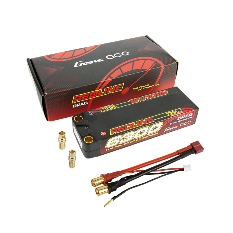 Gens Ace Redline Drag Racing 6300mAh 7.4V 130C 2S Hardcase LiPo Battery 8mm Bullet