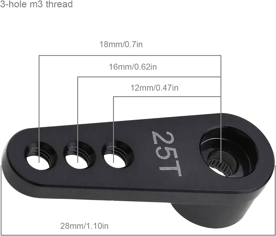 PROTONRC Aluminum RC Servo Horns - 25T 28mm, L=20/16/12mm, Black