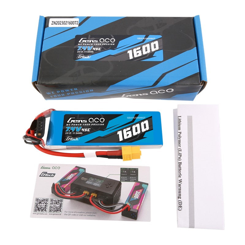 Gens ace G-Tech 1600mAh 7.4V 45C 2S LiPo Battery XT60 | Racerc