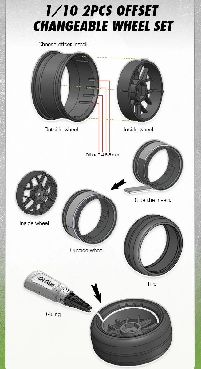 Louise 1/10 Drift 14-Spoke Wheel & Tire Set Matte Black – 12mm Hex με Ρυθμιζόμενο Offset 2/4/6/8mm