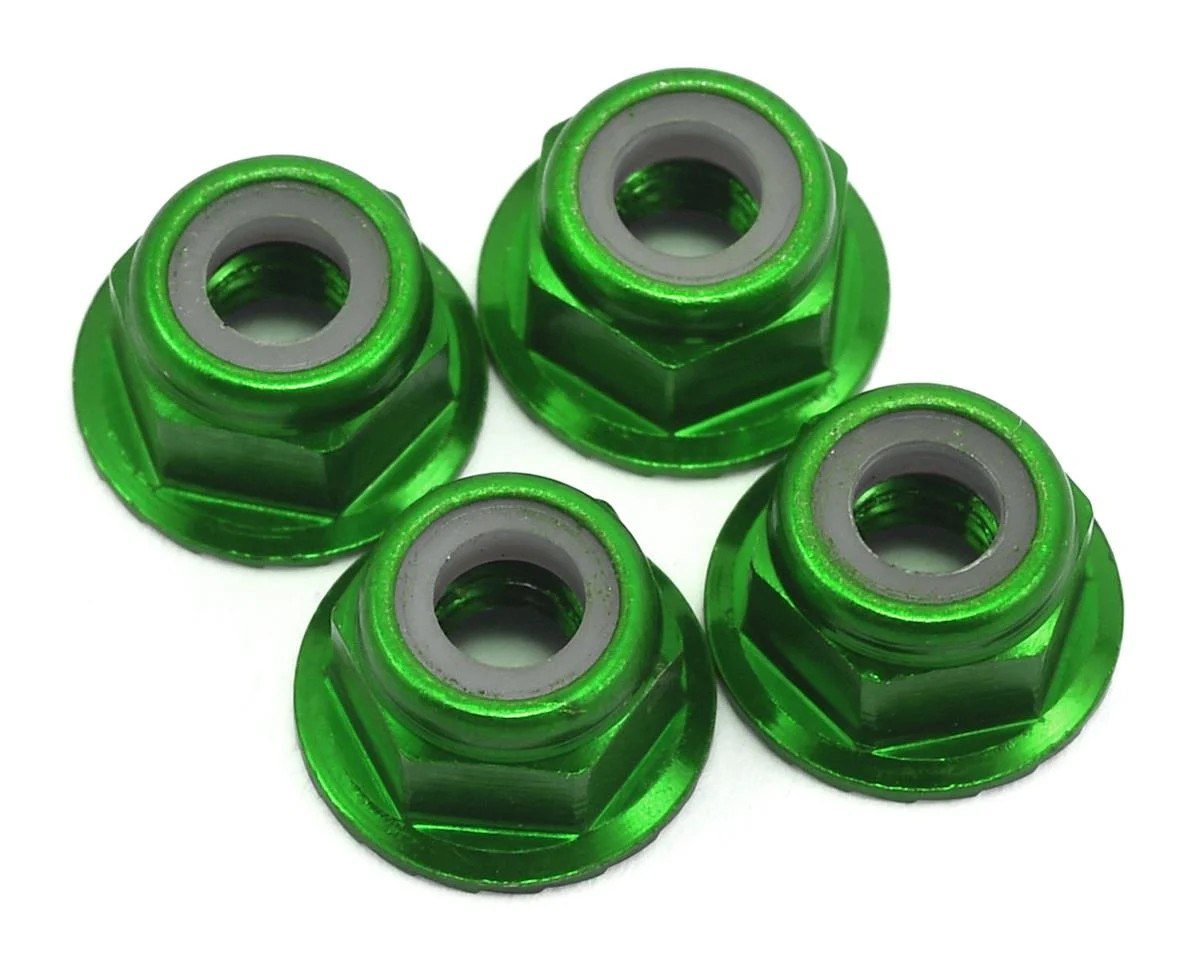 Traxxas 4mm Aluminum Flanged Serrated Nuts (Green) (4)