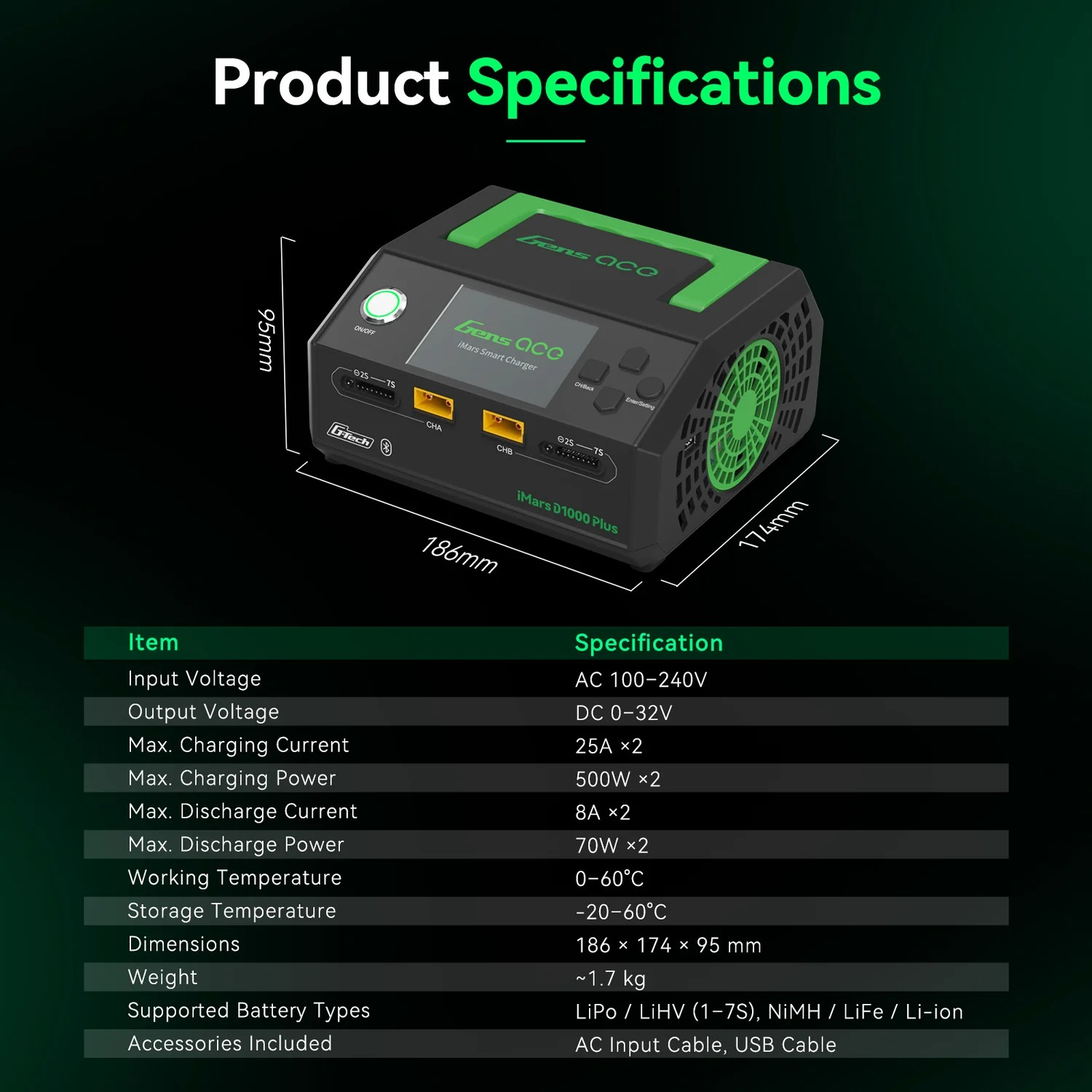 Gens ace iMars D1000 Plus Smart Charger Dual Channel 1000W | G-Tech | Bluetooth App Control