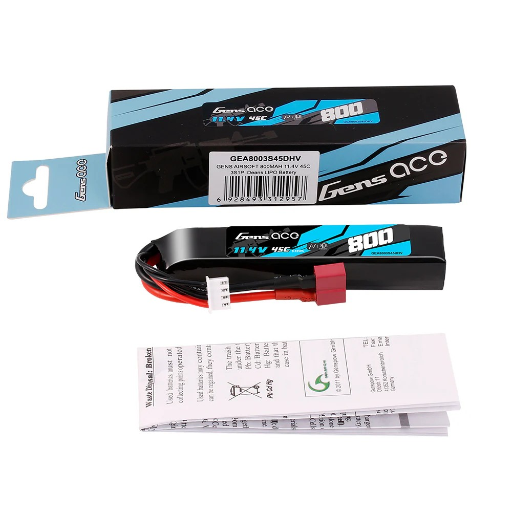 Gens Ace 800mAh 11.4V 45C 3S LiHV LiPo Battery Deans (T)