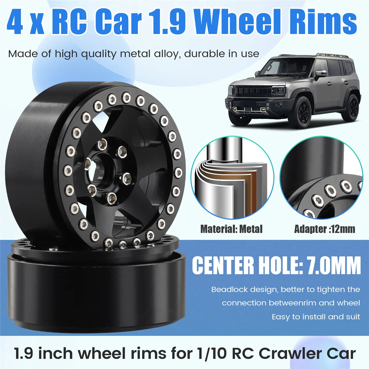 ProtonRC 1/10 RC Crawler Car 1.9Inch Metal Beadlock 6 Hole Wheel Hub Rim for -4 D90 D110 SCX10 SCX10II SCX10III Black