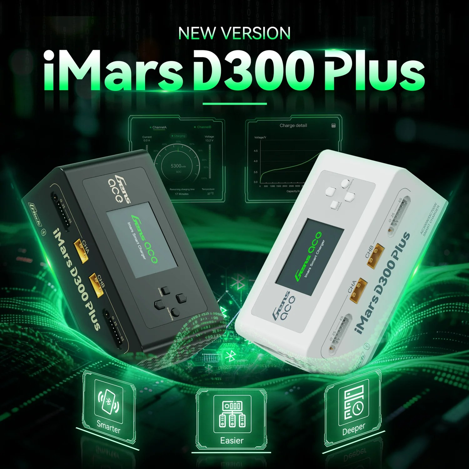Gens ace iMars D300 Plus Smart Charger Dual Channel 300W | G-Tech | Bluetooth App Control | EB Black