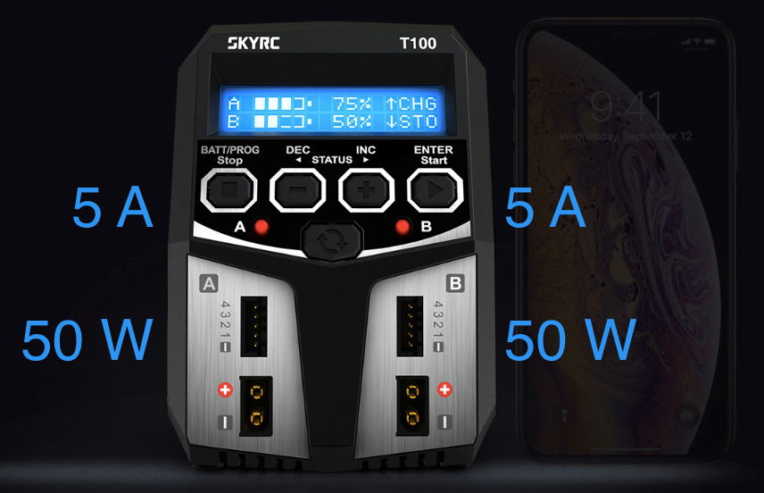SkyRC T100 AC DUO LiPo 2-4s 5A 2x50W Charger - RACERC