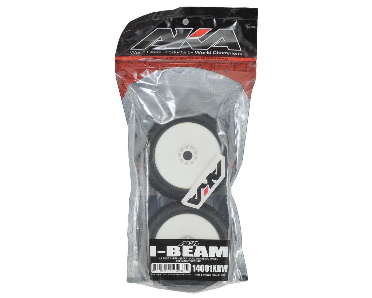 AKA Racing I-Beam 1/8 Buggy Tires (2) (Pre-Mounted) (White) (Soft - Long Wear) - RACERC