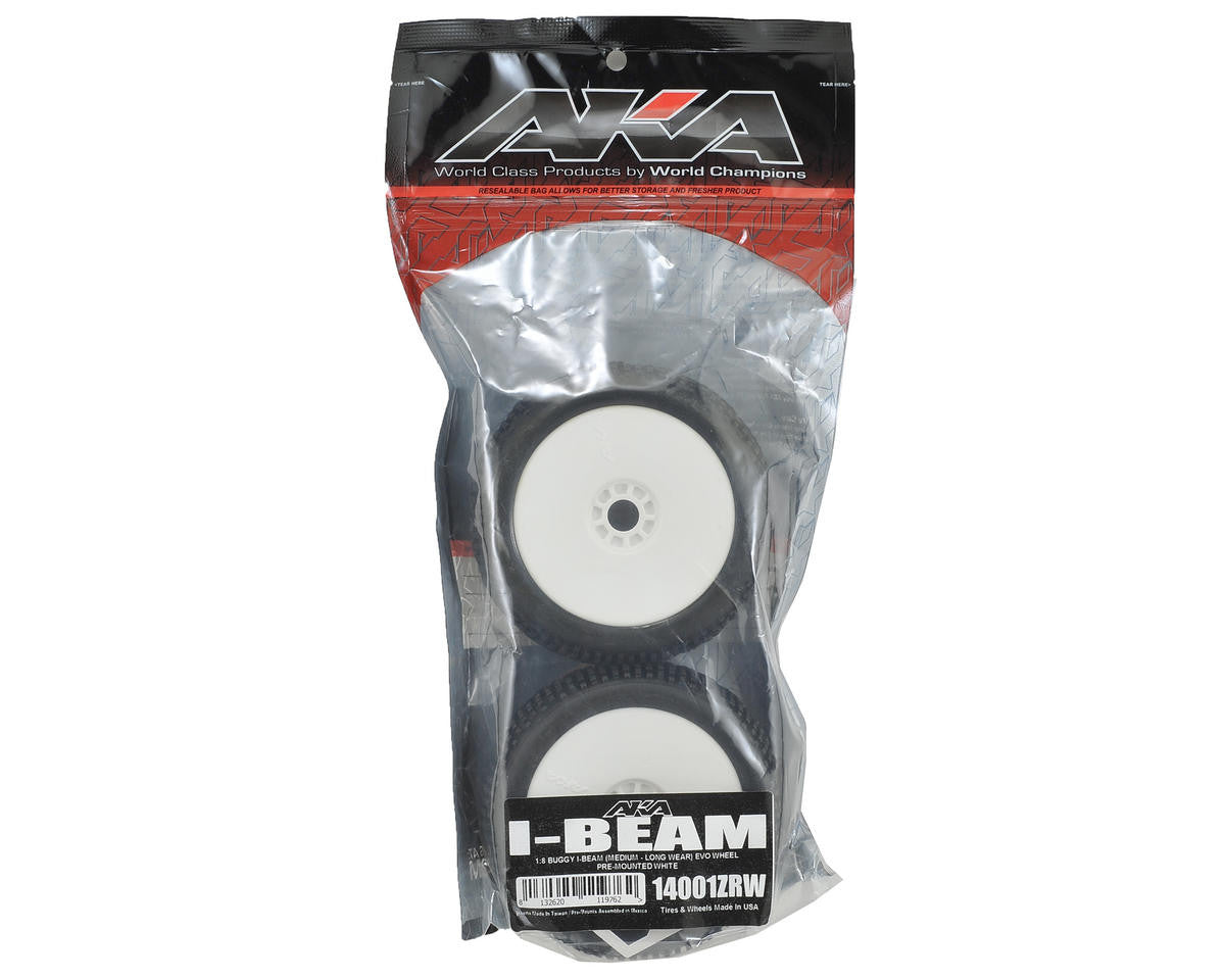 AKA Racing I-Beam 1/8 Buggy Tires (2) (Pre-Mounted) (White) (Medium - Long Wear) - RACERC